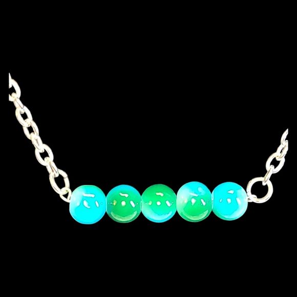 Handmade Blue &‎ Green Glass Ball Bar Charm Silver Tone Chain Necklace 16-19" - Picture 4 of 7